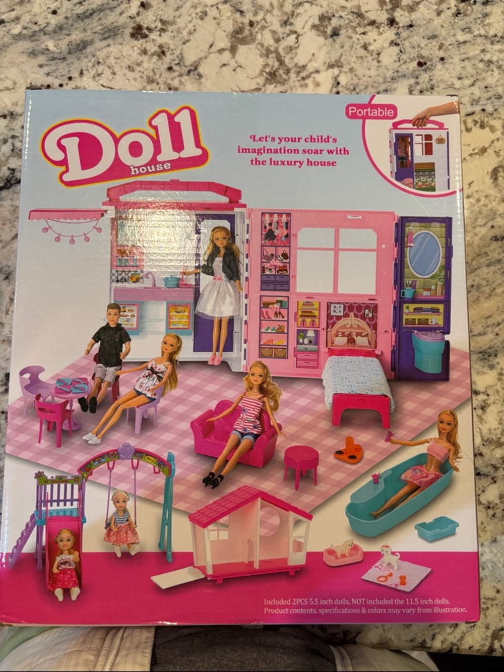 Pink Portable Doll House Playset with Furniture and Accessories